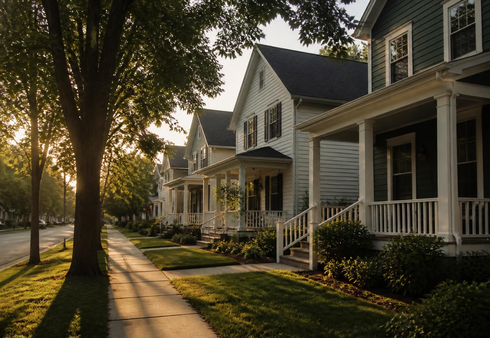 A tree-lined residential street at golden hour with restored porch homes