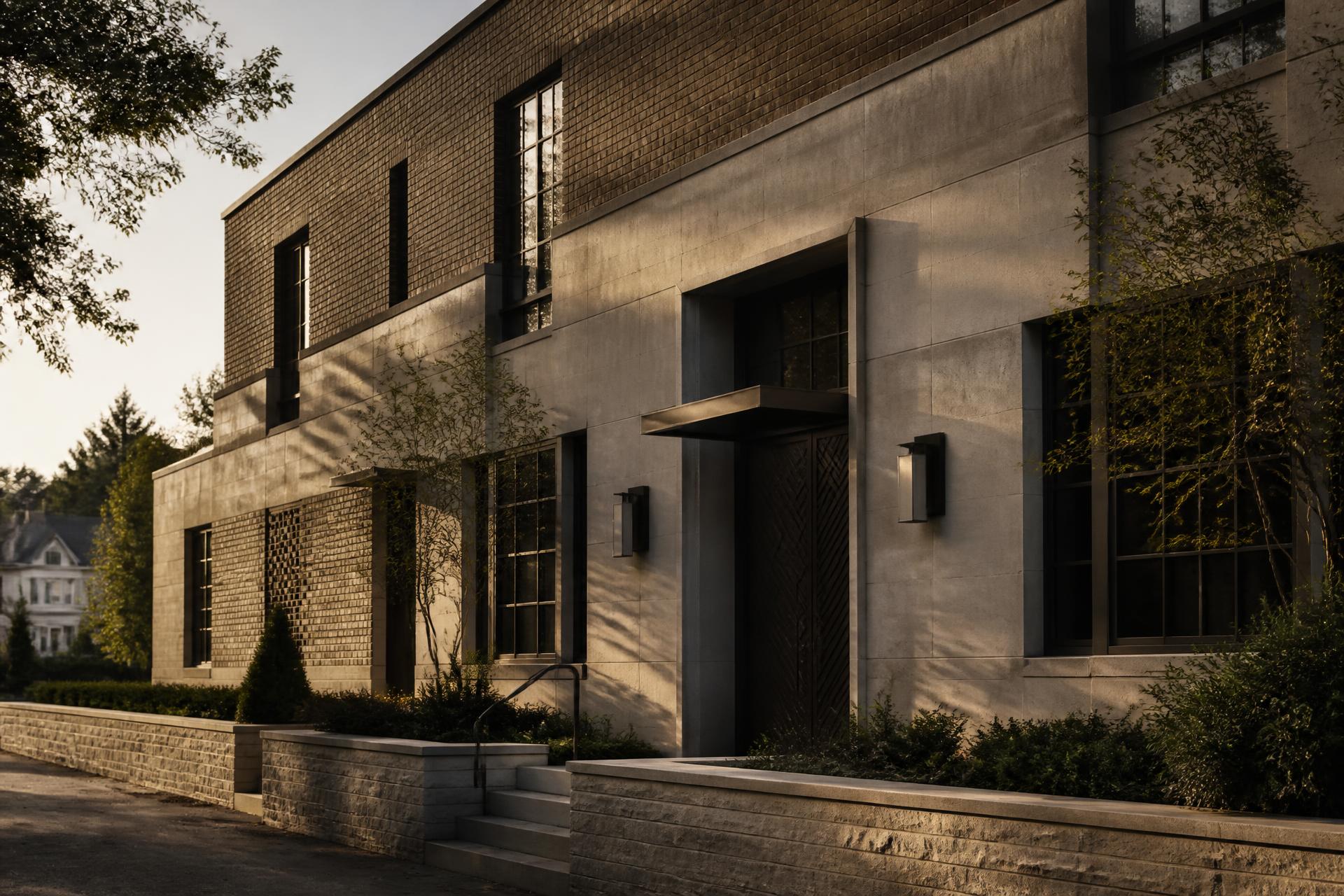 Warm morning light across the stone and brick facade of a restored building