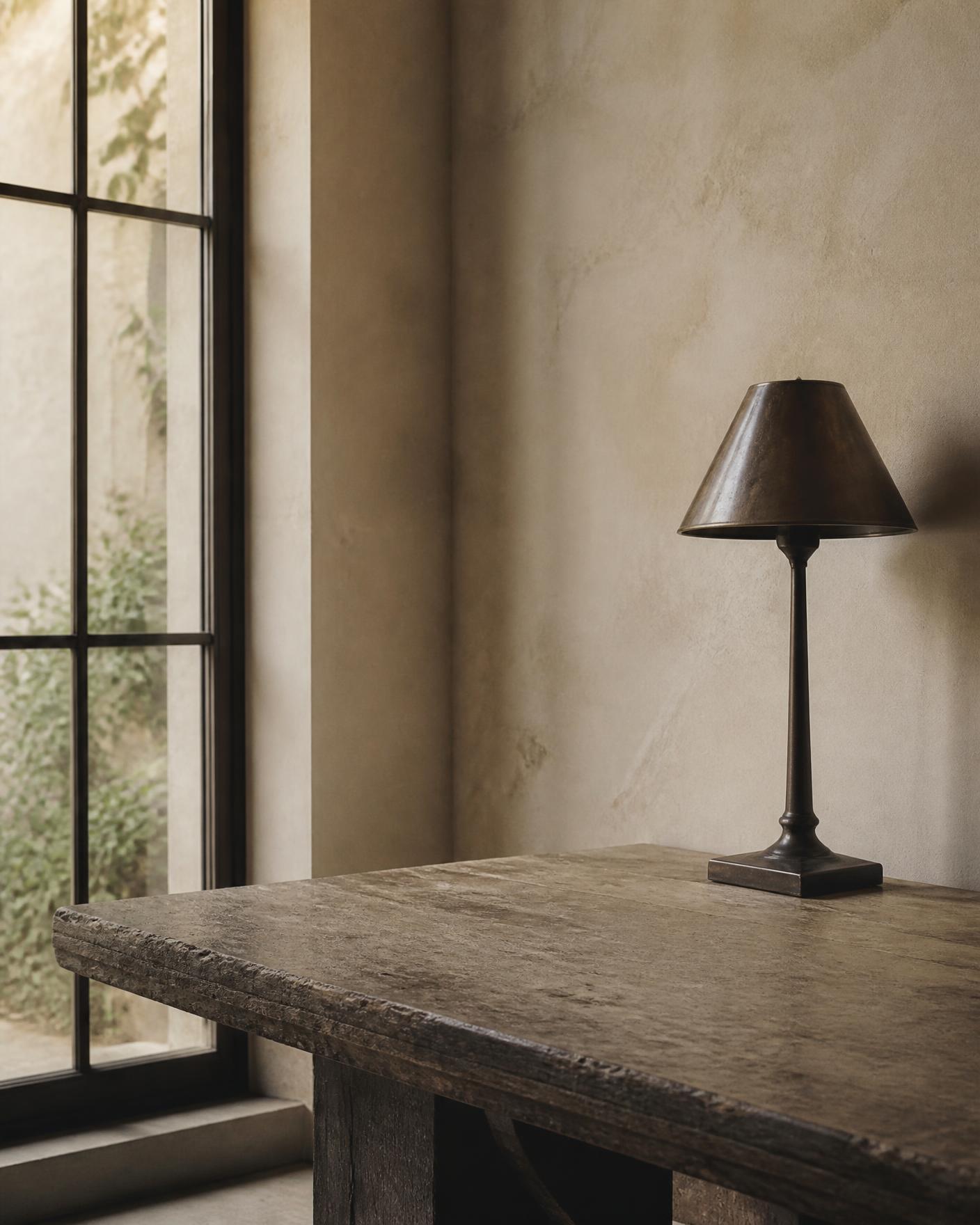 A quiet interior with a stone table, plaster wall and bronze lamp